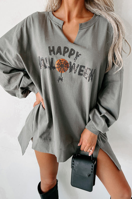 Medium Grey Sequin Happy Halloween Graphic Notched Neck Loose Top