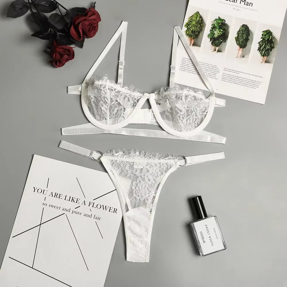 Sexy Woman Lace Lingerietransparent Underwear Fairy Embroidery Brief Sets Delicate Bra Kit Push up Breves Sets Thin Erotic Bras