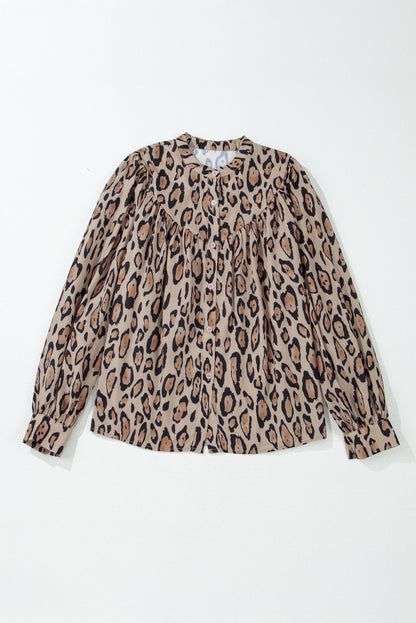 Light French Beige Leopard Print Balloon Sleeve Loose Blouse