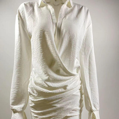 White Long-Sleeved V-Neck Shirt Sexy INS Fashion Linen Short Dress for Women