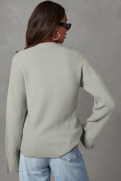 Parchment Solid Textured Knit Split Cuff Drop Shoulder Sweater