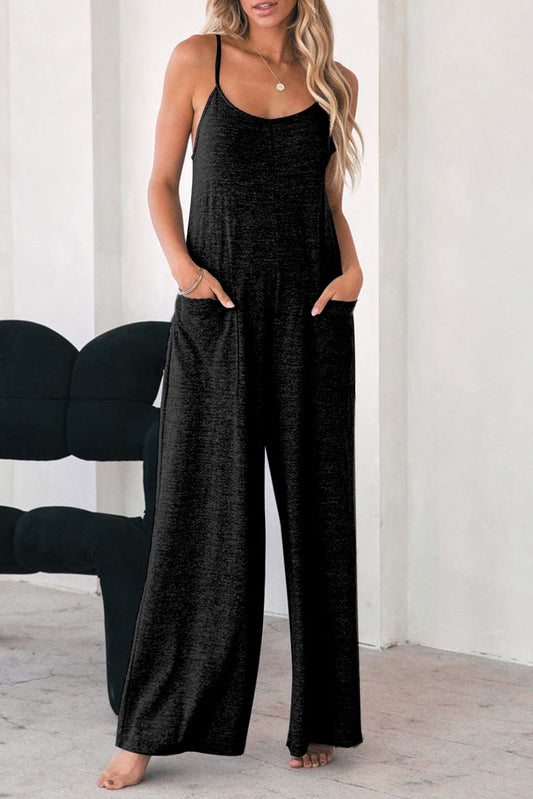 Gray Loose Fit Side Pockets Spaghetti Strap Wide Leg Jumpsuit