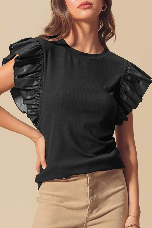 Black Leather Ruffle Shoulder Plain Blouse