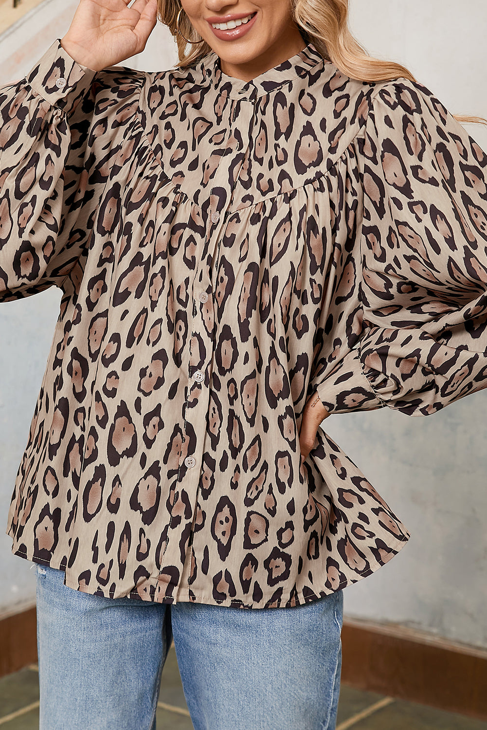 Light French Beige Leopard Print Balloon Sleeve Loose Blouse